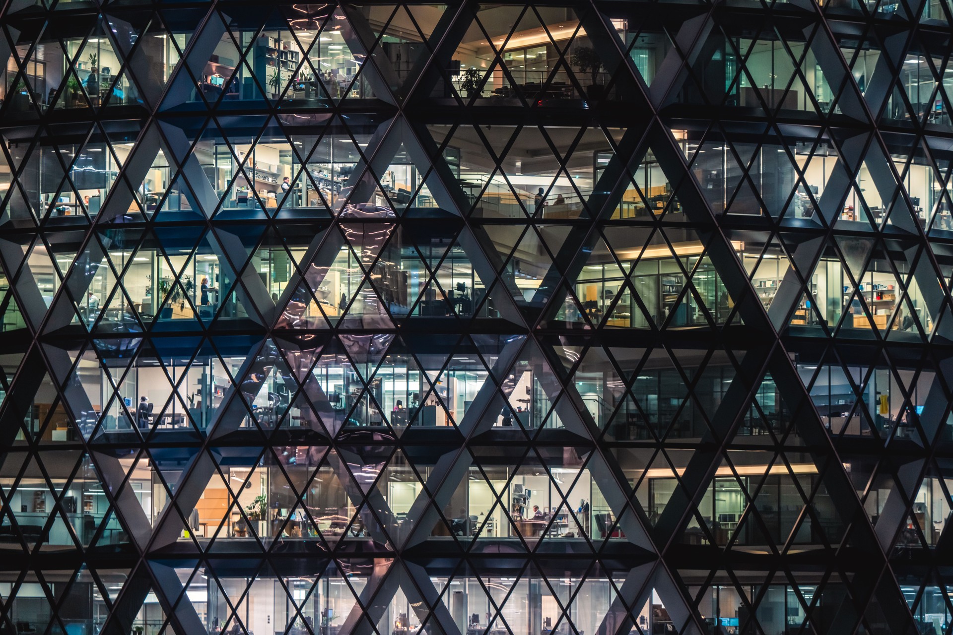 Illuminated office buildings in London