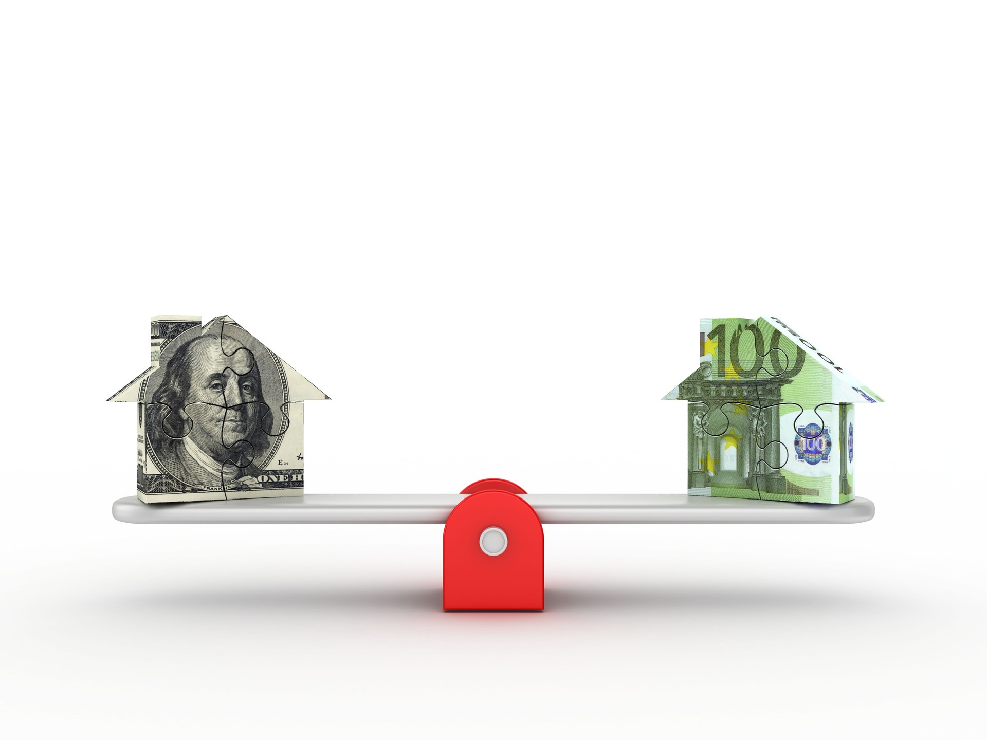 Seesaw Scale with Dollar Euro Puzzle Houses - 3D Rendering